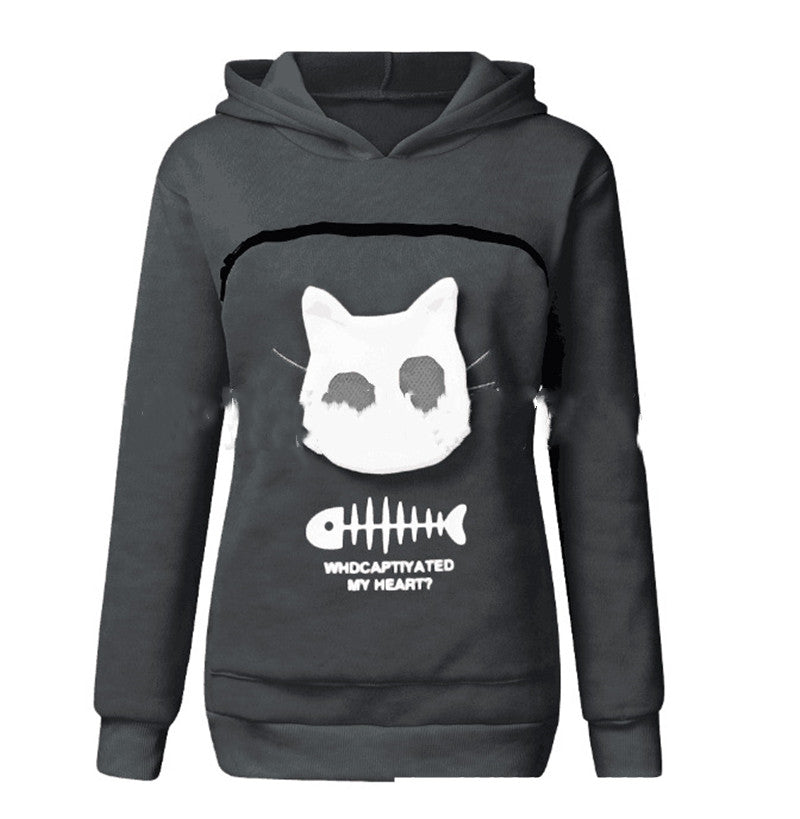 Women's Hooded Sweater with Cat Pet Pocket Design Long-Sleeve Sweater with Cat Apparel