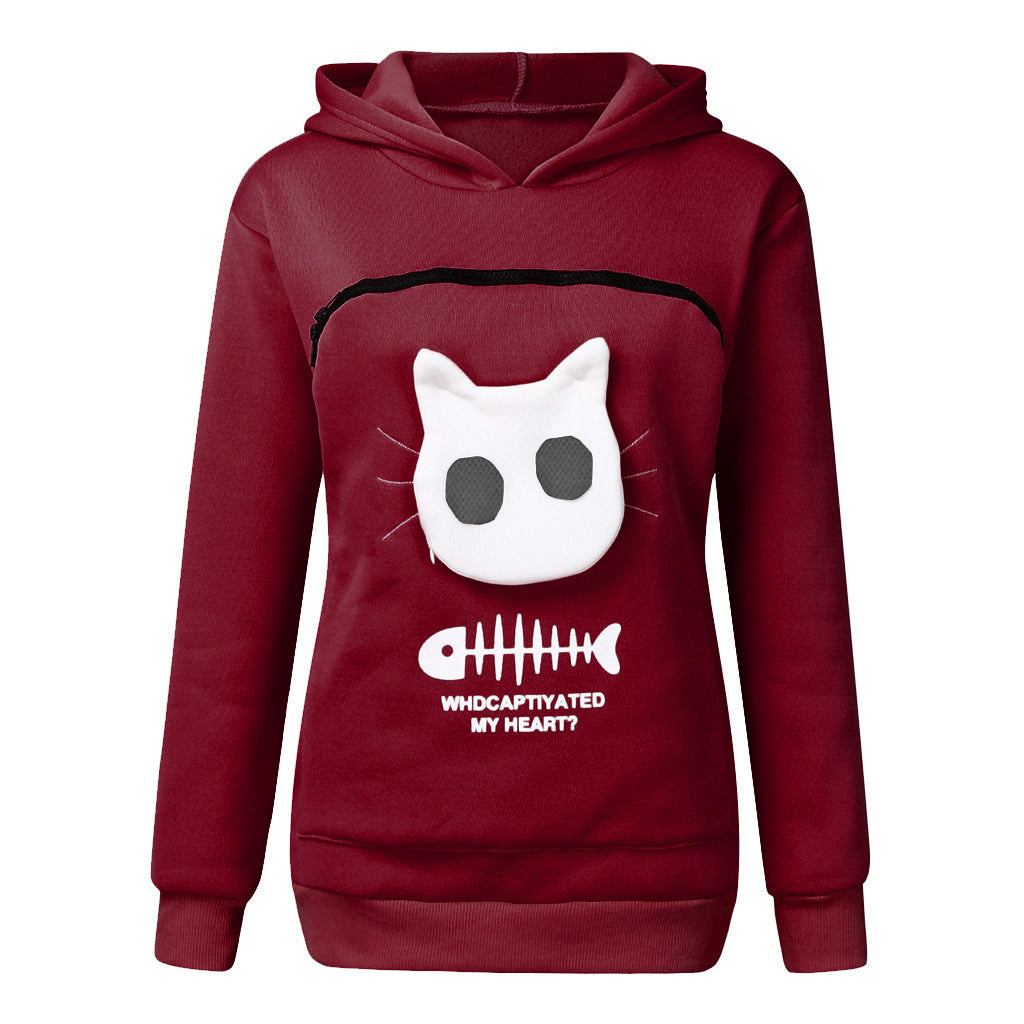 Women's Hooded Sweater with Cat Pet Pocket Design Long-Sleeve Sweater with Cat Apparel